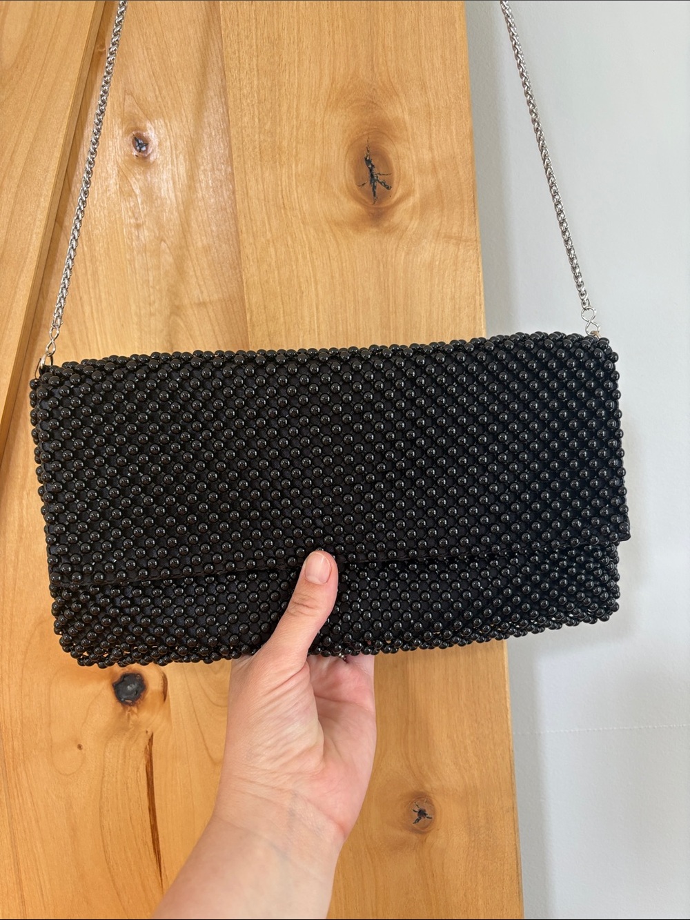 Nina Black Beaded Foldover Clutch